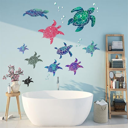 Waterproof Removable Watercolor Turtles Vinyl Wall Decal for Nursery Kidsroom School Classroom Livingroom Bedroom Bathroom Sea Life Sticker in Coastal Ocean Theme