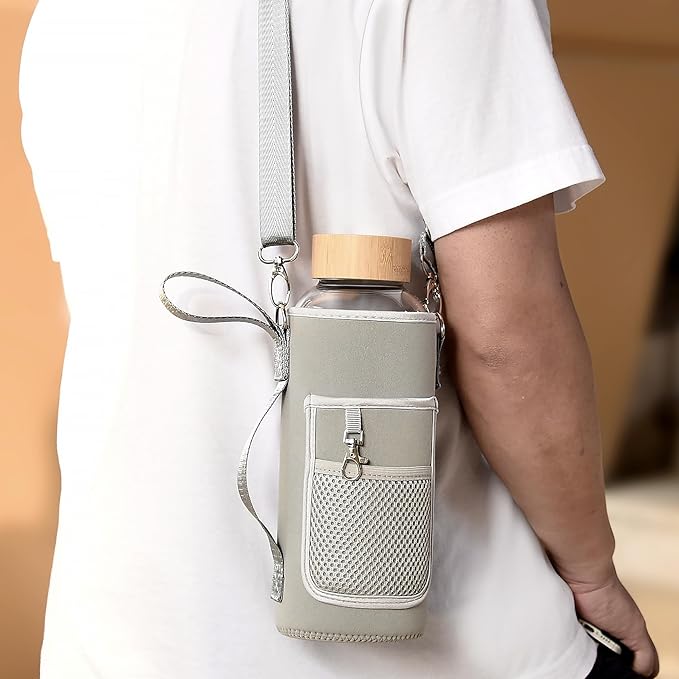 48 oz Sports Borosilicate Glass Water Bottle with Bamboo Lid with Neoprene Sleeve