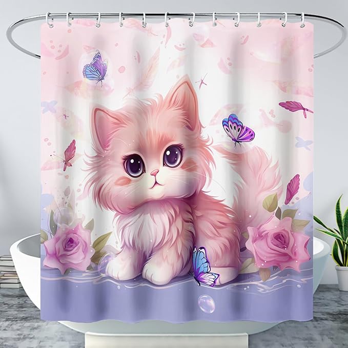 AILONEN Cute Cat Shower Curtain for Kids Boys,Kawaii Kitten and Butterfly Fabric Shower Curtains for Bathroom,Big Eye Pink Cat Polyester Cloth Bath Curtain Set, 60" W*72" H Pink