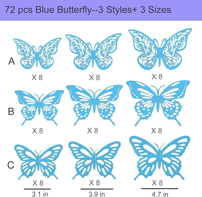 72Pcs 3D Butterfly Wall Decor 3 Sizes 3 Styles, Butterfly Decorations Party Birthday Cake Decoration, Removable Butterfly Wall Stickers for Kids Nursery Wedding Bedroom Room Decor(Blue)