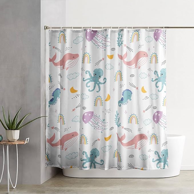 AILONEN Cartoon Dolphin Shower Curtain for Kids 48" W*72" H Inch,Cute Seahorse Rainbow Octopuses Shower Curtain,Ocean Life Theme 12 Pack Hooks Polyester Waterproof Fabric Decor for Bathroom