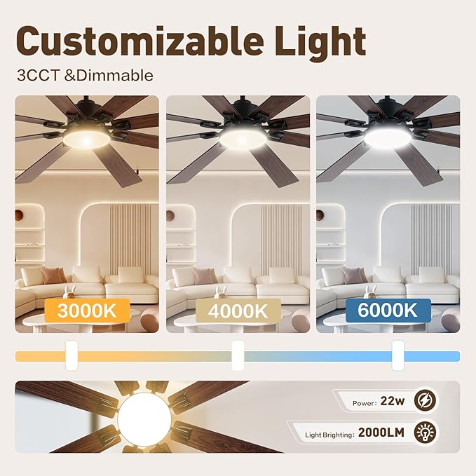 72Inch Large Ceiling Fan with Lights and Remote,Black Indoor & Outdoor Ceiling Fan for Living Room,Patio,6 Speed,Quiet DC Motor,3CCT,8 Wooden Blades