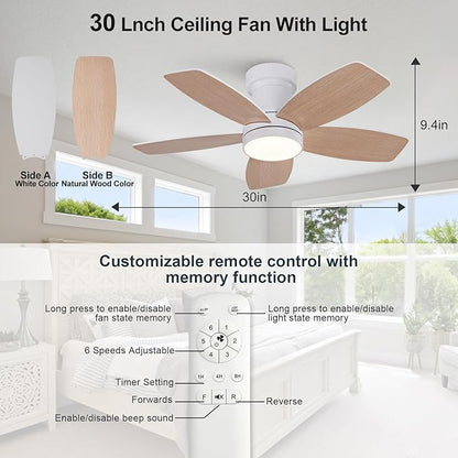 30 inch Ceiling Fans with Lights and Remote,Flush Mount White Ceiling Fan,Memory Fuction Reversible Quiet DC Motor Low Profile Ceiling Fans For Living Room Bedroom Outdoor(White&Natural Wood)