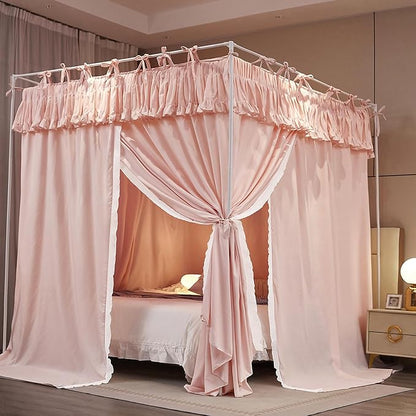 4 Corners Post Princess Ruffle Curtain Bed Canopy Lace Up Elastic Cozy Breathable Tent Mosquito Net for Girls Bedroom Decoration(Pink, 59-64" W*82" L*82" H/Queen)