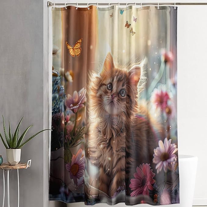 AILONEN Kawaii Cat Shower Curtain Set, Beautiful Kitty with Butterfly Waterproof Fabric Shower Curtain for Kids Boys,Cat Lovers Animal Design Shower Curtain for Bathroom,72" W*96" H