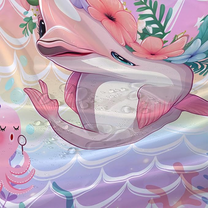 AILONEN Cute Dolphin Shower Curtain,Beautiful Sea World Theme Bath Curtain Cloth Fabric Bathroom 48" W*72" H Inch,12 Pack Hooks for Kids Child Cute Pink Dolphin Sea Animal Bathroom Curtain