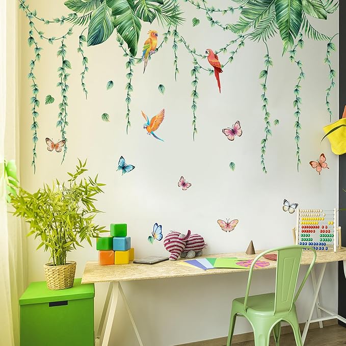 Removable Tropical Leaves Wall Decals Vinyl Hanging Vines Green Plants Wall Stickers Peel and Stick Jungle Safari Mural Art Decor for Nursery Classroom Bedroom Office Sofa Background