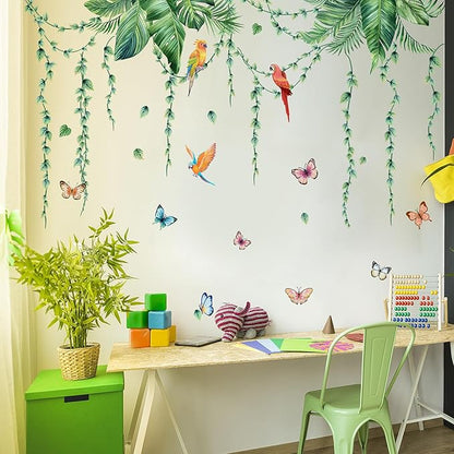 Removable Tropical Leaves Wall Decals Vinyl Hanging Vines Green Plants Wall Stickers Peel and Stick Jungle Safari Mural Art Decor for Nursery Classroom Bedroom Office Sofa Background