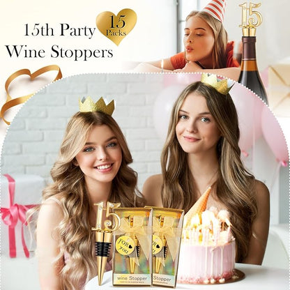 24-Pack 15 Wine Bottle Stopper for 15th Birthday Party Favors, Quinceañera Party Favors - 15 years old Wedding Anniversary Souvenirs or Decorations, Gift for Guests