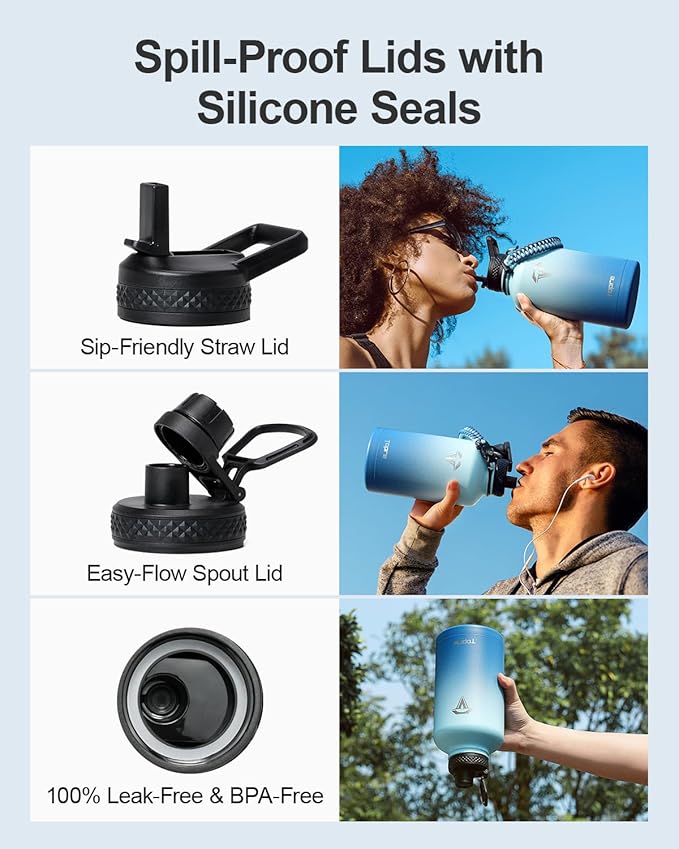 64oz Insulated Water Bottle,Half Gallon Water Flask Stainless Steel Vacuum, Cold for 48 Hrs,BPA-Free & Leakproof -with Paracord Handle, Strap,Straw Spout Lids,Large Jug for Gym Sports,Blue