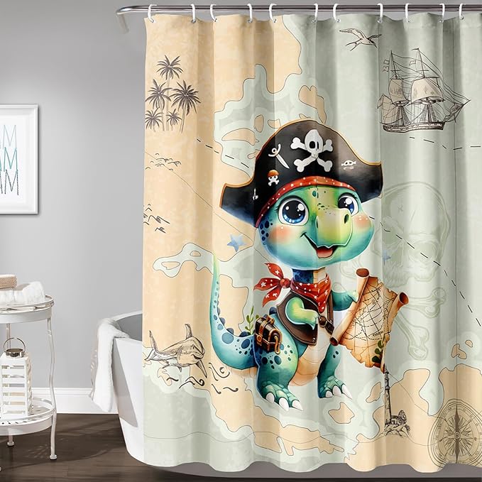 AILONEN Cute Dinosaur Shower Curtain,Ocean Map Nautical Pirate Dinosaur Bath Curtain,Boys Exploring Captain Dinosaur Decoration Kids Curtain with 12 Plastic Hooks,Waterproof 60" W*72" H