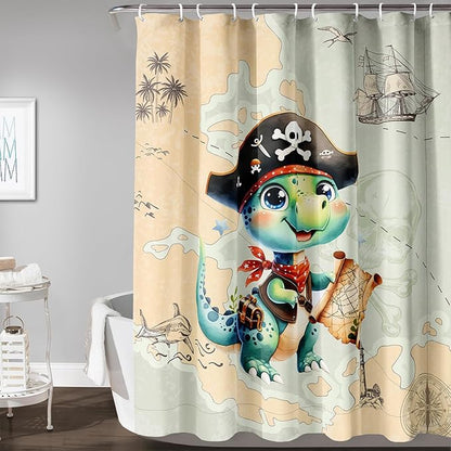 AILONEN Cute Dinosaur Shower Curtain,Ocean Map Nautical Pirate Dinosaur Bath Curtain,Boys Exploring Captain Dinosaur Decoration Kids Curtain with 12 Plastic Hooks,Waterproof 72" W*78" H