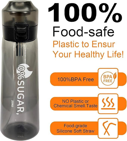 Air Scent Water Bottle Flavor Pods 650ml BPA Free Water Cup with 7 Flavour Pods Sports Water Bottle Suitable for Outdoor(Black)