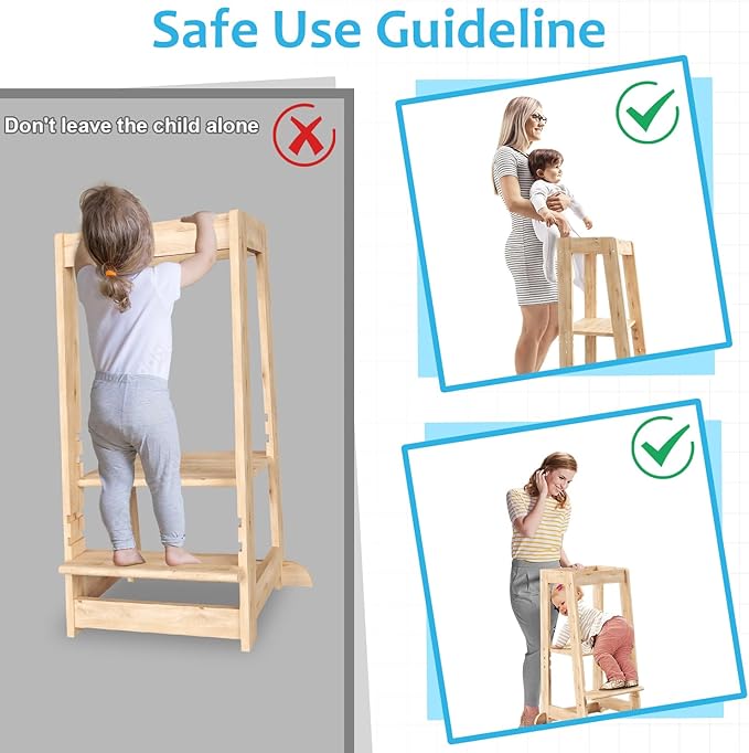 Kids Kitchen Step Stool, Step Stool for Toddlers, Adjustable Height Toddler Standing Tower, Anti-Slip Protection with guardrail, The Anti-Tipping Structure is More Stable (Natural)