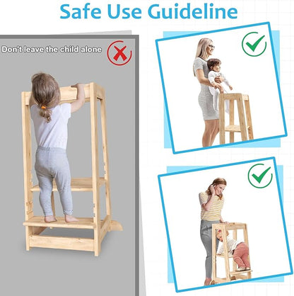 Kids Kitchen Step Stool, Step Stool for Toddlers, Adjustable Height Toddler Standing Tower, Anti-Slip Protection with guardrail, The Anti-Tipping Structure is More Stable (Natural)