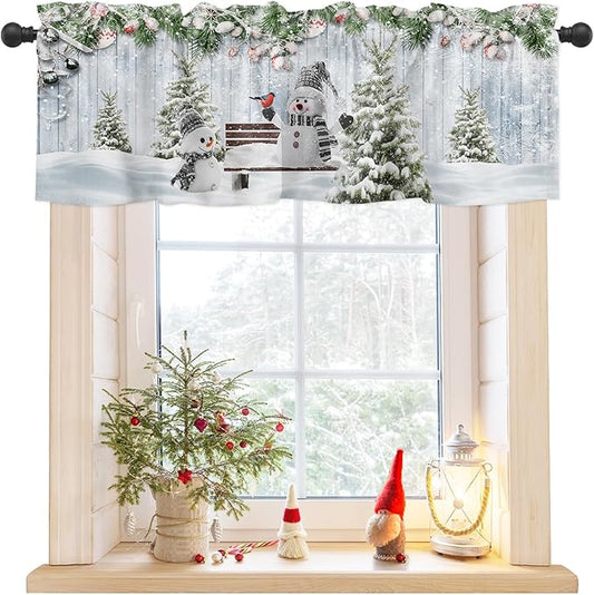 Merry Christmas Valance Curtains for Kitchen Windows Xmas Snowman Snowy Pine Tree Rod Pocket Window Treatment Toppers for Kitchen/Living Room/Bedroom/Bathroom, 60" X 18", Blue Winter