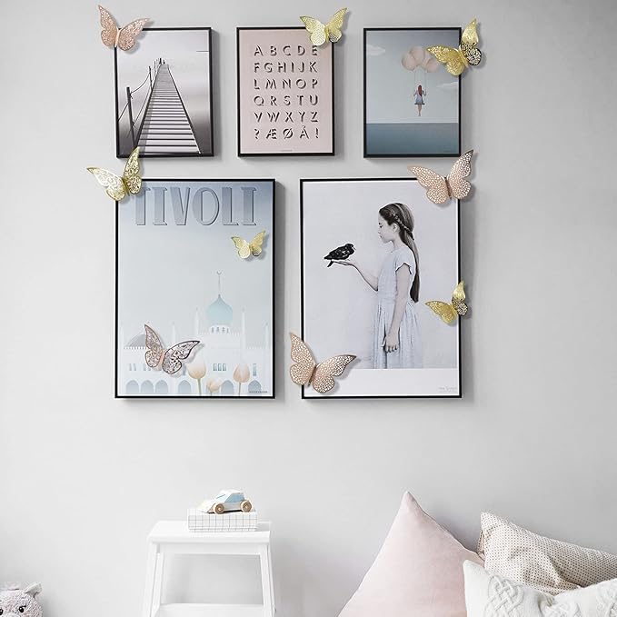 72Pcs 3D Butterfly Wall Decor 3 Sizes 3 Styles, Removable Butterfly Stickers Wall Decals, Butterfly Decorations Party Birthday Cake Decoration for Kids Nursery Wedding Bedroom Room(Rose Gold)