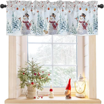 Snowman Valance Curtains for Kitchen Windows Blue Merry Christmas Tree Red Balls Squirrel Rod Pocket Window Treatment Toppers for Kitchen/Living Room/Bedroom/Bathroom, 42" X 18", Winter