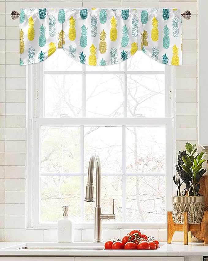 Tie Up Valance for Kitchen Living Room Farmhouse - Yellow Teal White and Blue Pineapple Rod Pocket Adjustable Tie-up Shade Valance for Small Window, Balloon Drape Valance 54x18 inches