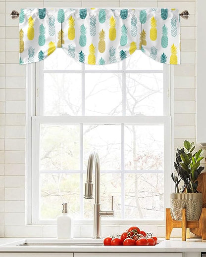 Tie Up Valance for Kitchen Living Room Farmhouse - Yellow Teal White and Blue Pineapple Rod Pocket Adjustable Tie-up Shade Valance for Small Window, Balloon Drape Valance 54x18 inches