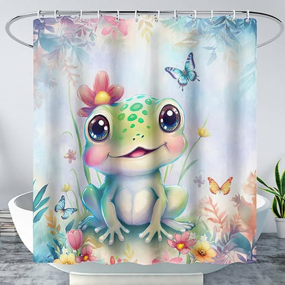 AILONEN Cartoon Frog Shower Curtain,Kawaii Frog Waterproof Fabric Bath Curtain for Kids Girls,Watercolor Blue Flower with Butterfly Shower Curtain Set for Bathroom with Hooks,72" W*84" H