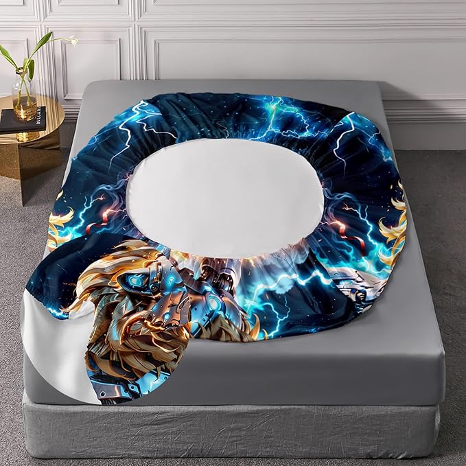 AILONEN Boys Lion Fitted Sheet Set Queen Size, Safari Animal Lion Blue Lightning 3 Pieces Printed Kids Bed Sheet Set,Wildlife Fitted Sheet with 2 Pillowcases