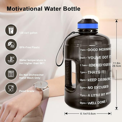 QuiFit Motivational Gallon Water Bottle - with Straw & Time Marker BPA Free Large Reusable Sport Water Jug with Handle for Fitness Outdoor Enthusiasts Leak-Proof