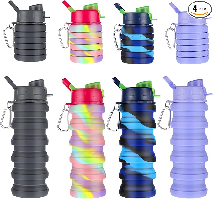 MAQUITA 4 Pcs Collapsible Water Bottles 16 oz Portable Foldable Water Bottles Silicone Leak Proof Travel Water Bottle Reusable Sports Water Bottle with Metal Clip for Camping Hiking Travel