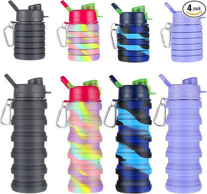MAQUITA 4 Pcs Collapsible Water Bottles 16 oz Portable Foldable Water Bottles Silicone Leak Proof Travel Water Bottle Reusable Sports Water Bottle with Metal Clip for Camping Hiking Travel