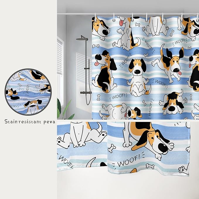 AILONEN Cartoon Dog Shower Curtain,Funny Beagle Active Dog Printed Shower Curtain, 36" W*72" H Waterproof Happy Cartoon Pet Dog Curtain with Grommets and 12 Hooks