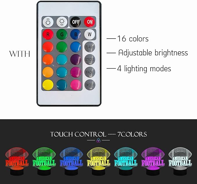 Illusion 16 Color Change Touch Remote Control LED Night Light USB Charge Portable American Football RGB Glowing Acrylic Lamp with Stand Gift for Fans Bar Decor