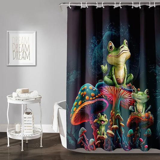 AILONEN Frog Mushroom Shower Curtain Cartoon Animal Wildlife Frog Mystic Black Sky Red Mushroom Minimalist Modern Art Shower Curtain Bathroom Decor Curtains with 12 Hooks,Green 72" W*96" H