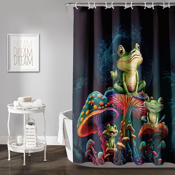 AILONEN Frog Mushroom Shower Curtain Cartoon Animal Wildlife Frog Mystic Black Sky Red Mushroom Minimalist Modern Art Shower Curtain Bathroom Decor Curtains with 12 Hooks,Green 48" W*72" H