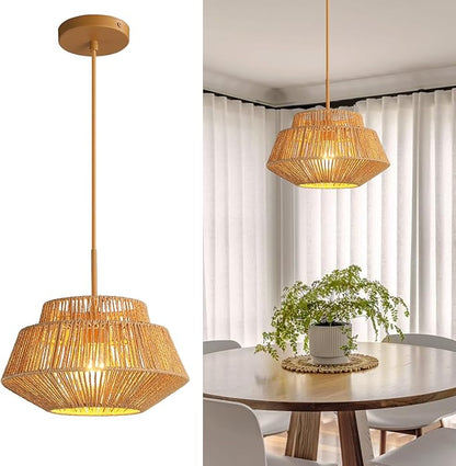 Rattan Chandelier Light Fixtures: 1-Light Boho Pendant Lights with Wicker Lampshade, E26 59inch Height Adjustable Hand Woven Hanging Chandeliers for Dining Room Kitchen Farmhouse Living Room