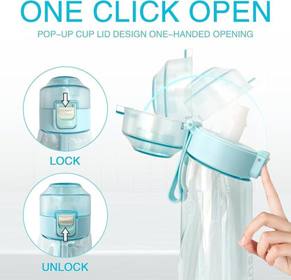 650ML Tritan Plastic Water Bottle, Leak Proof Sports Bottle with Straw, Includes 7 Flavor Pods, for Outdoor Sports, Hiking, Camping, Backpacking (Blue)