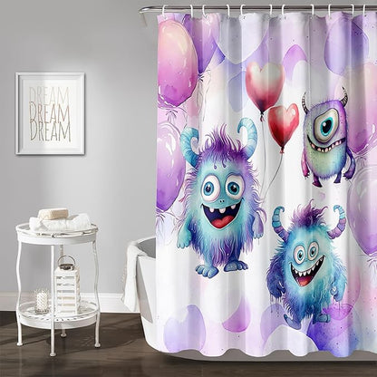 AILONEN Monster Shower Curtain for Bathroom, Cute Monster Purple Balloon Printed Bath Curtain,Women Girls Kids Minimalist Waterproof Fabric Shower Curtain Set with Hooks 72" W*72" H