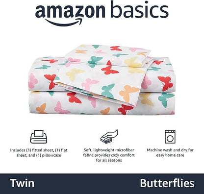 Amazon Basics Kid's Butterfly Friends Soft Easy-Wash Microfiber 3-Piece Sheet Set, Twin, Multi-Color Butterflies, Printed
