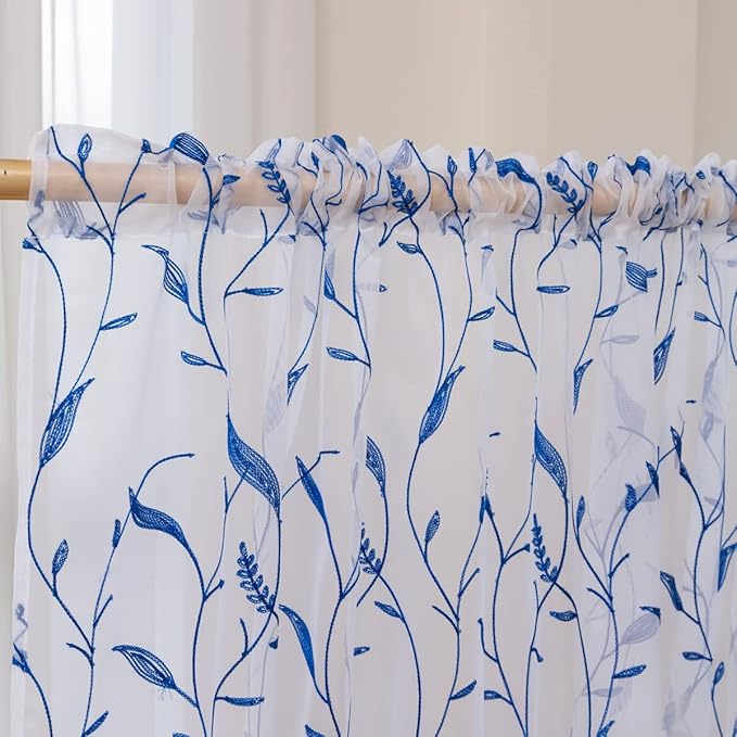 Windows Sheer Curtains Embroider Blue Leaf 108 Inches Length 2 Panels Voile Light Filtering Sheer Curtains Panel Basic Rod Pocket for Bedroom Living Room Children Room