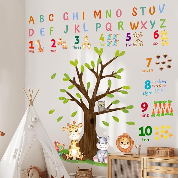 Kids Nursery Wall Decals, Alphabet Letters and Numbers, Animals Wall Stickers for Kids Room Decor