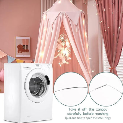 Akiky Bed Canopy for Girls with Lights Princess Dream Catcher for Kids Reading Nook Bed Tent for Twin Full Queen Size Bed,Room Decor (Beige Pink)