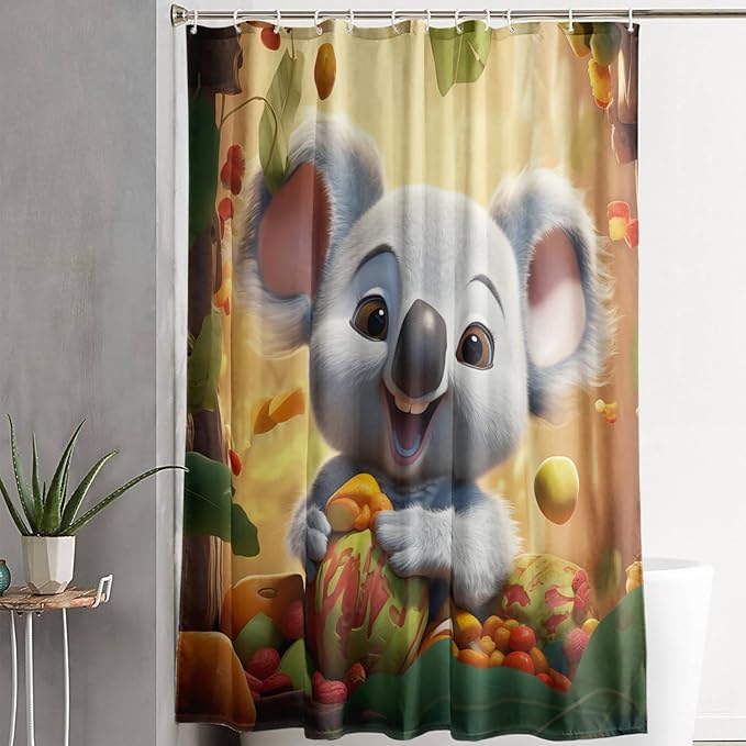 AILONEN Cartoon Koala Shower Curtain for Kids,Kawaii Fruit Koala Shower Curtain for Bathroom,Girls,Lovely Animals Shower Curtain Set with Hooks,36" W*72" H