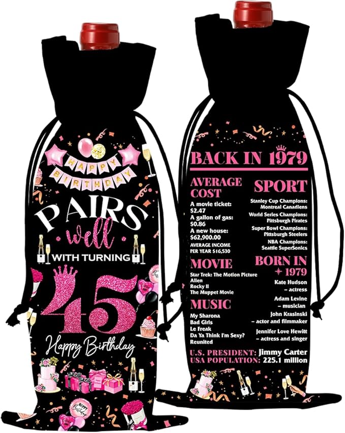 45th Birthday Gifts for Women Men Wine Bag, 45 Year Old Birthday Gifts for Men, Happy 45th Birthday Party Decorations for Women Men, Pairs Well with Turning 45 Wine Bottle Bags (Black Pink)