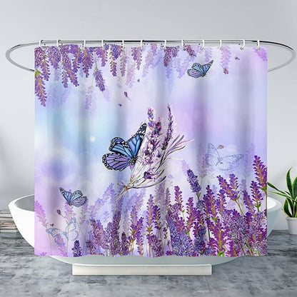 AILONEN Flying Butterfly Shower Curtain for Girl Women,Purple Lavender Flower Butterfly Floral Decor Bath Curtain 60" W*72" H Polyester Fabric Waterproof Bathroom Bathtub Curtain with 12 Hooks