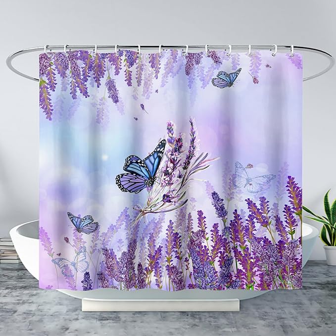 AILONEN Flying Butterfly Shower Curtain for Girl Women,Purple Lavender Flower Butterfly Floral Decor Bath Curtain 72" W*72" H Polyester Fabric Waterproof Bathroom Bathtub Curtain with 12 Hooks