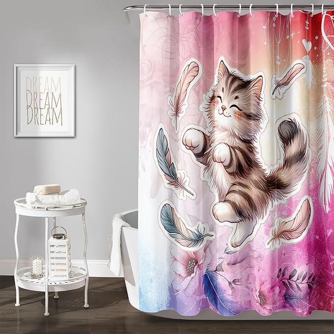 AILONEN Cartoon Cat Shower Curtain,Kawaii Dance Kitten and Feathers Bathroom Curtain Set for Kids Boys,Cute Animal Kittens Waterproof Shower Curtain for Bathroom, 72" W*72" H Pink