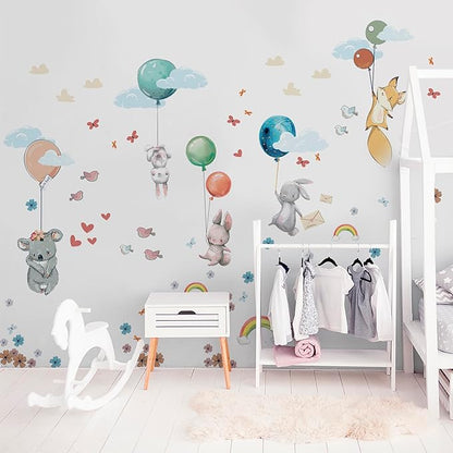 Hot Air Balloon Wall Decals for Kids by Lipastick – 83 pcs Cartoon Animals Wall Decals for Girls Boys Kids Baby - Animal Wall Stickers for Nursery Room Bedroom - Raccoon Fox Koala Panda L Size