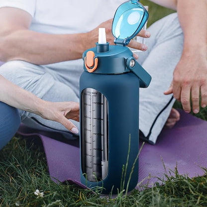 64 oz Glass Water Bottle with Straw and 2 Lids, Half Gallon Water Bottle with Sleeve, Large Insulated 2 Liter Glass Water Jug Time Marker with Handle - Dark Blue