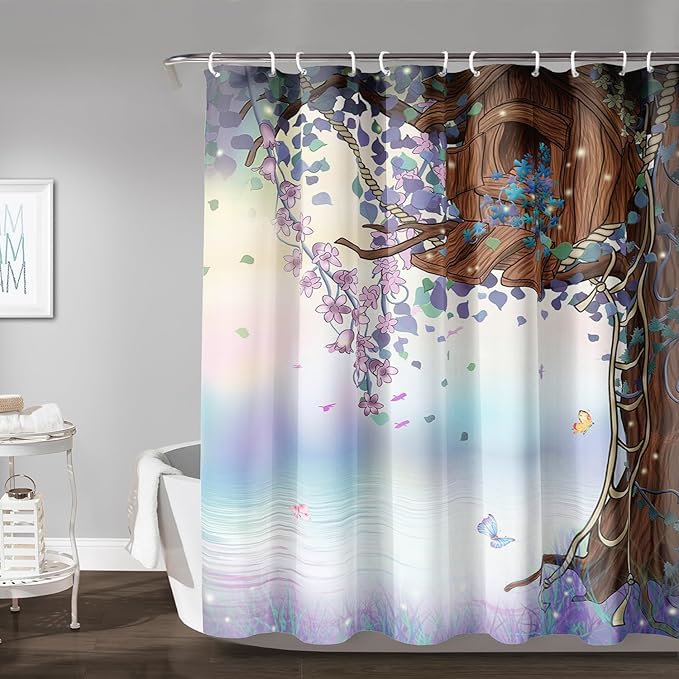 AILONEN Purple Tree Leaves Shower Curtain,Botanical Floral Plants Vine Shower Curtain,Butterfly Floral Shower Curtain for Bathroom Decor Polyester Waterproof with Grommets and Hooks 72" W*72" H