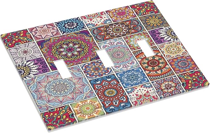 Morocco Talavera Mexican Tiles Printed Colroful Mandala 3 Gang Light Switch Covers Triple Toggle Wall Plate Decorative Switchplate Electrical Faceplate for Kitchen Bathroom Bedroom Decor