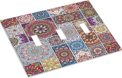 Morocco Talavera Mexican Tiles Printed Colroful Mandala 3 Gang Light Switch Covers Triple Toggle Wall Plate Decorative Switchplate Electrical Faceplate for Kitchen Bathroom Bedroom Decor